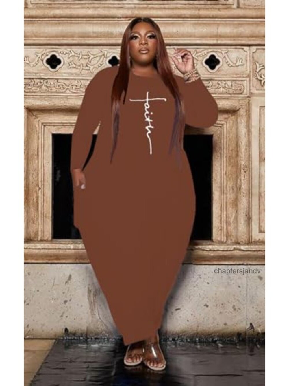 Women's Plus Size Maxi T-Shirt Dress Faith Print Long Sleeve Casual - Picture 3 of 5
